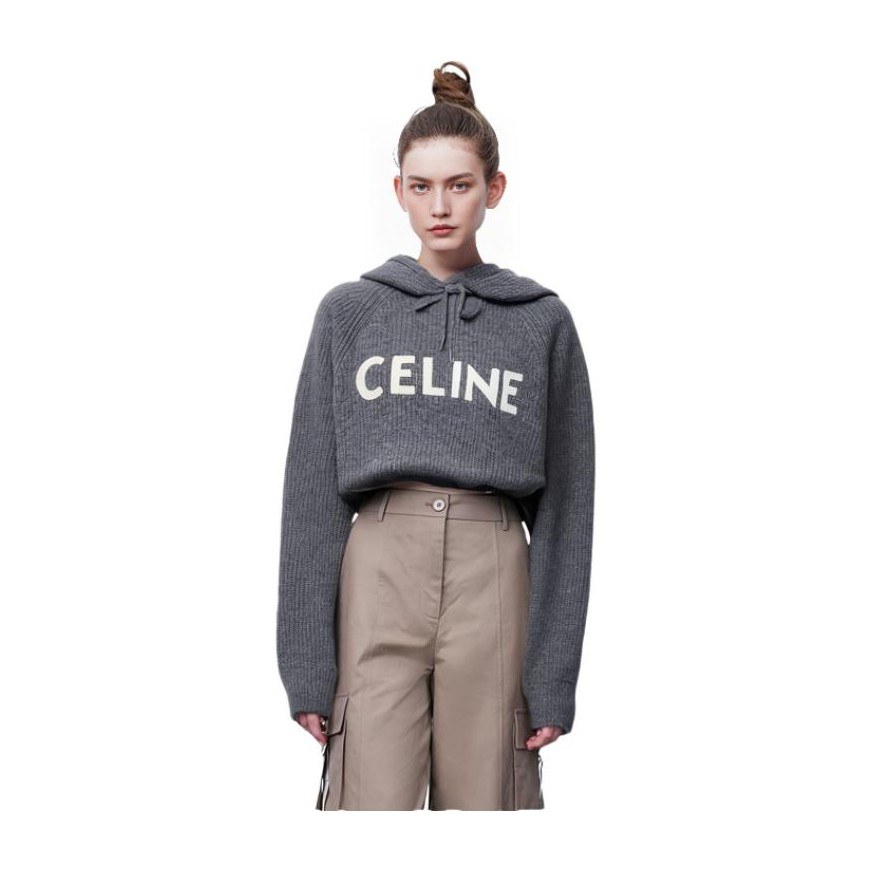 CELINE Logo Wool Hoodie Gray