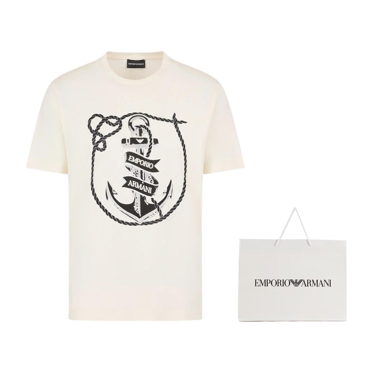 Emporio Armani SS24 Nautical Embroidered Crew Neck T-Shirt Off-White