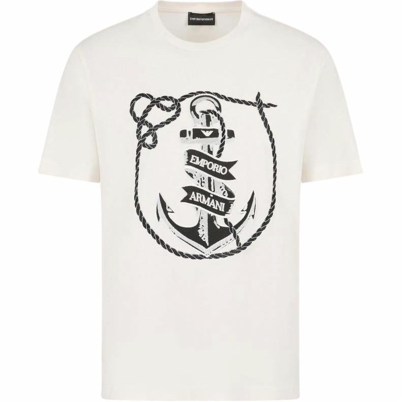 Emporio Armani SS24 Nautical Embroidered Crew Neck T-Shirt Off-White