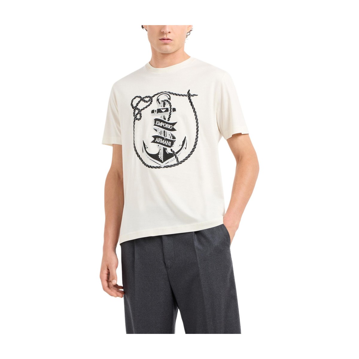 Emporio Armani SS24 Nautical Embroidered Crew Neck T-Shirt Off-White