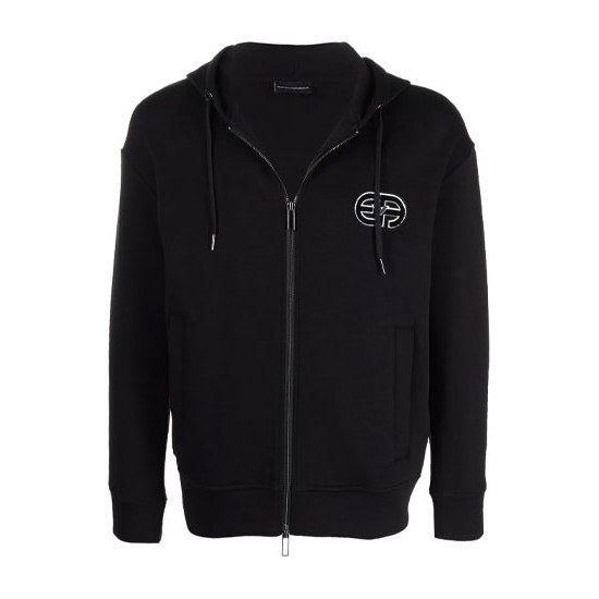 Emporio Armani Logo Embroidered Zip Hoodie Black