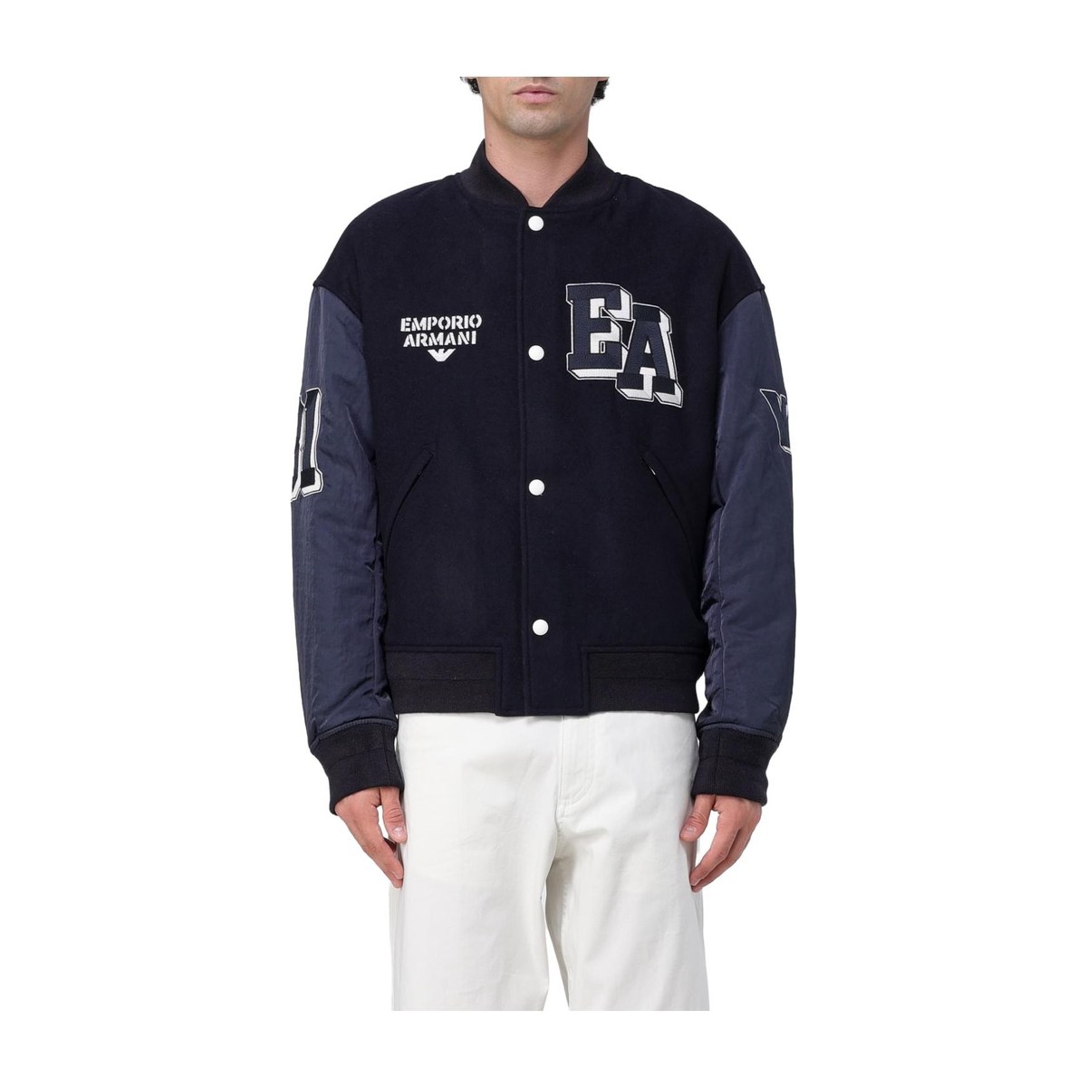 Emporio Armani EA7 FW23 Logo Embroidered Single-Breasted Bomber Jacket