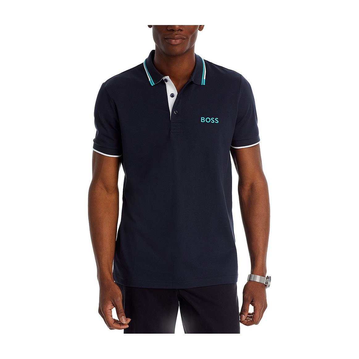 HUGO BOSS Striped Embroidered Polo Navy