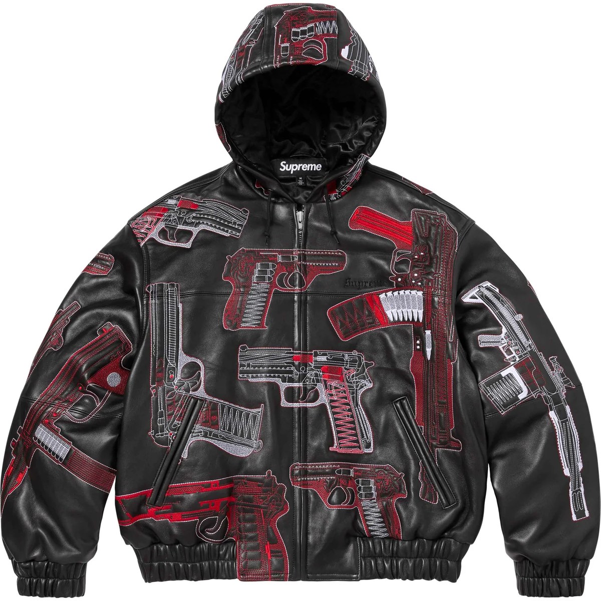 Supreme SS26 WEEK3 Guns Embroidered Hooded Leather Jacket