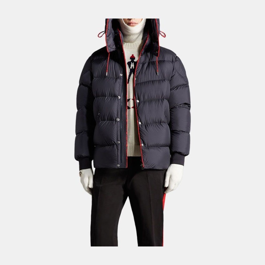 Moncler SS22 Jacquard Logo Hoodie Down Jacket Navy Blue