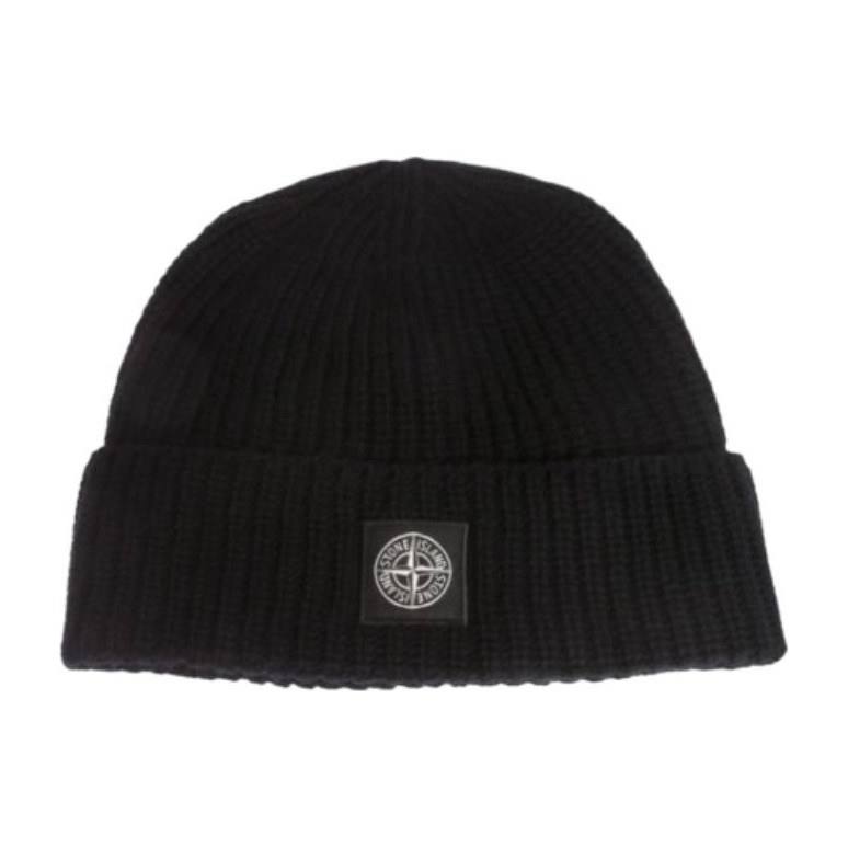 Stone Island Logo Knit Wool Beanie Black
