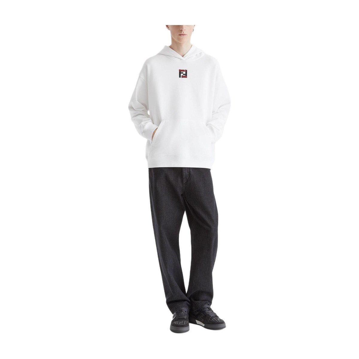 Fendi FW24 Drawstring Hoodie Embroidered Patch White
