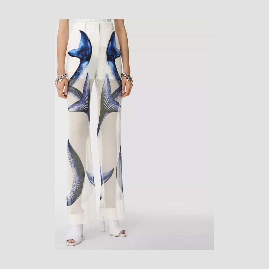 Burberry SS21 Mermaid Print Chiffon Layered Silk Pants White