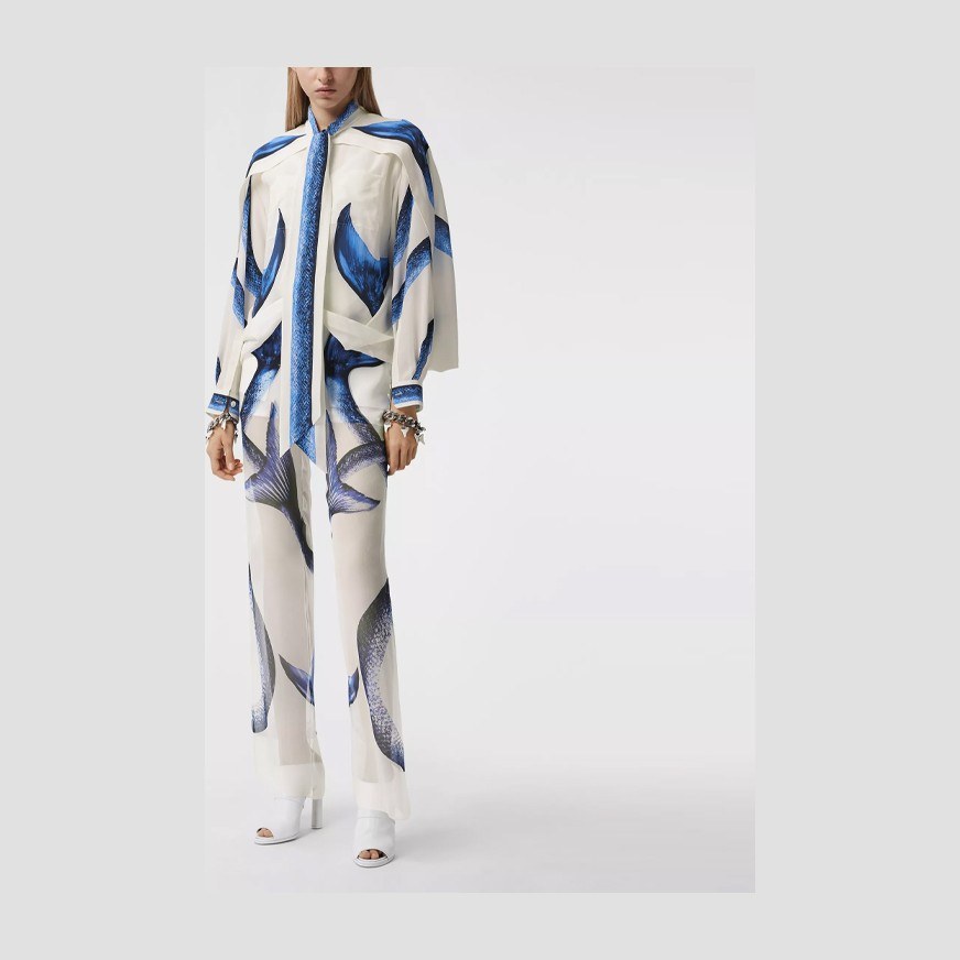 Burberry SS21 Mermaid Print Chiffon Layered Silk Pants White