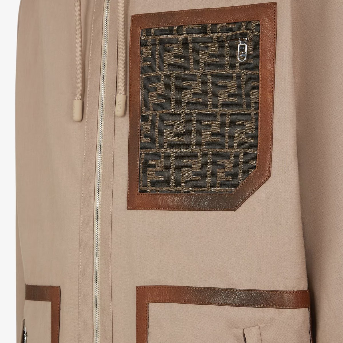Fendi FW24 Logo Jacquard Hoodie Parka Beige