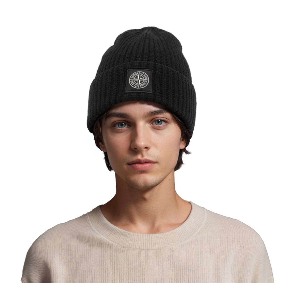 Stone Island Logo Knit Wool Beanie Black