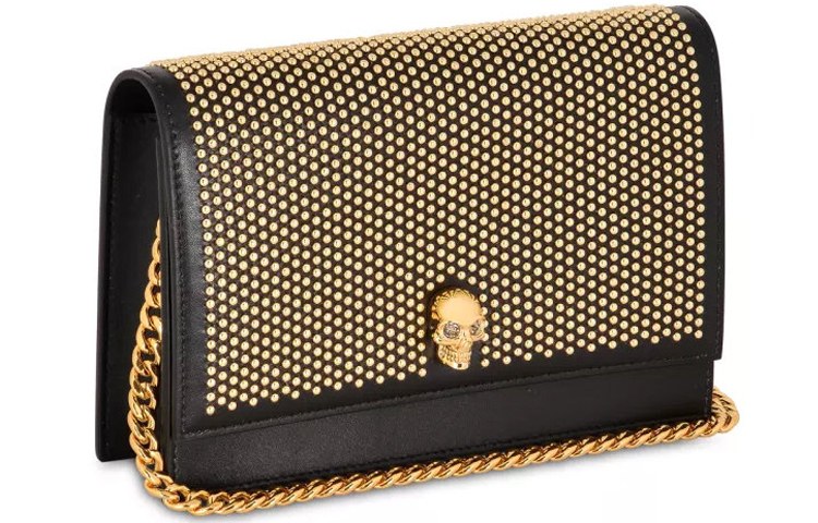 Alexander McQueen Gold Studded Skull Leather Shoulder Bag Black