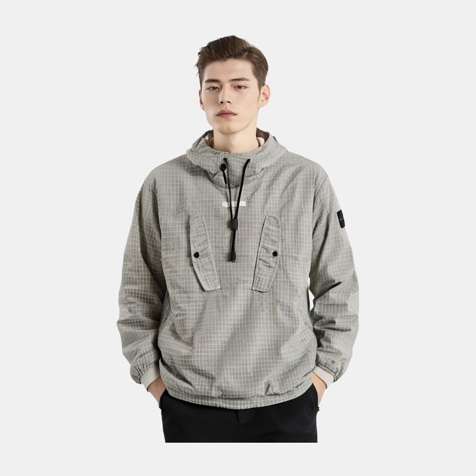 Stone Island FW23 Metal Nylon Check Pullover Jacket Gray Mud