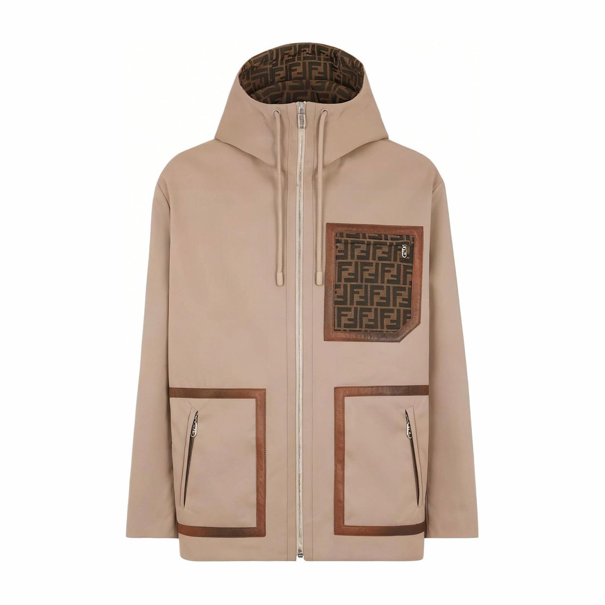 Fendi FW24 Logo Jacquard Hoodie Parka Beige