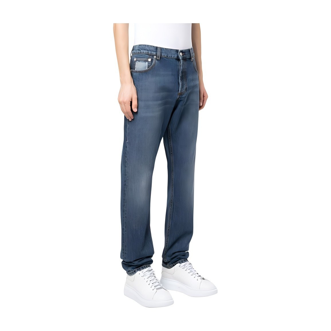Alexander McQueen SS23 Distressed Patchwork Straight Jeans Blue