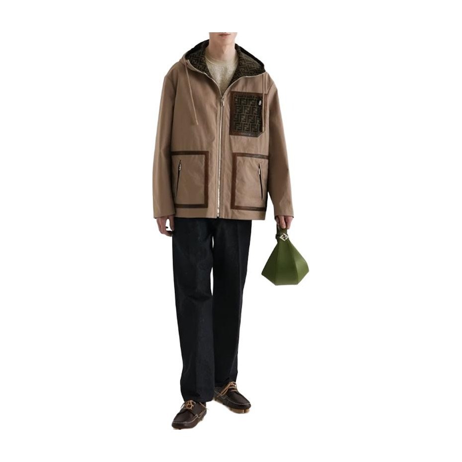 Fendi FW24 Logo Jacquard Hoodie Parka Beige