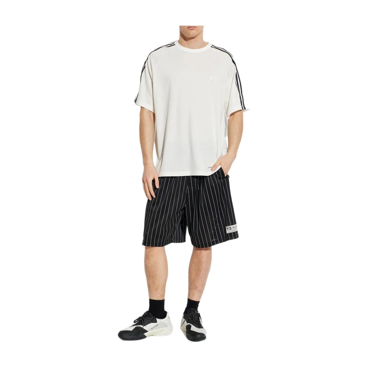 Y-3 Logo Patch Striped Perforated Shorts