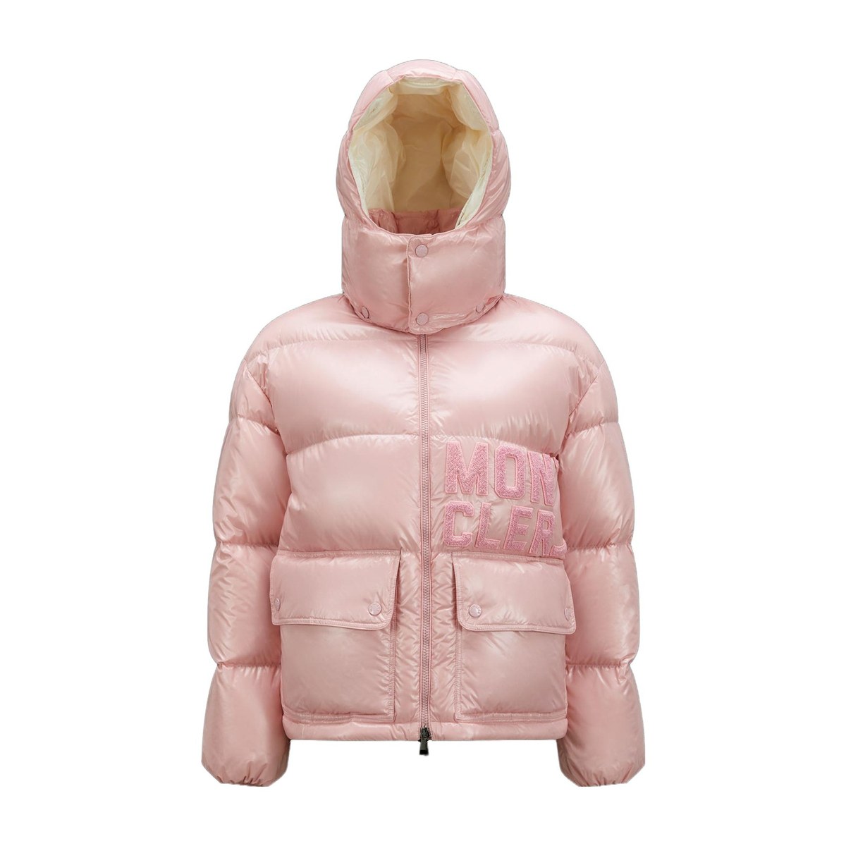 Moncler Logo Embroidered Hoodie Down Jacket Pink