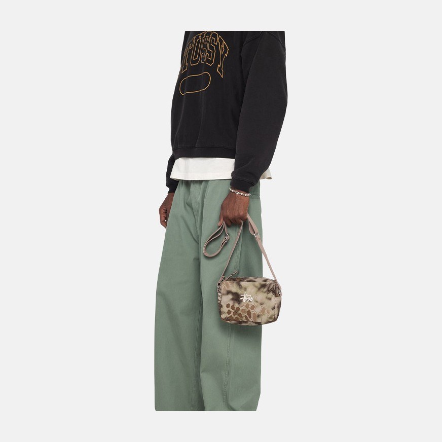 Stussy Logo Embroidered Zipper Shoulder Bag Brown Multicolor