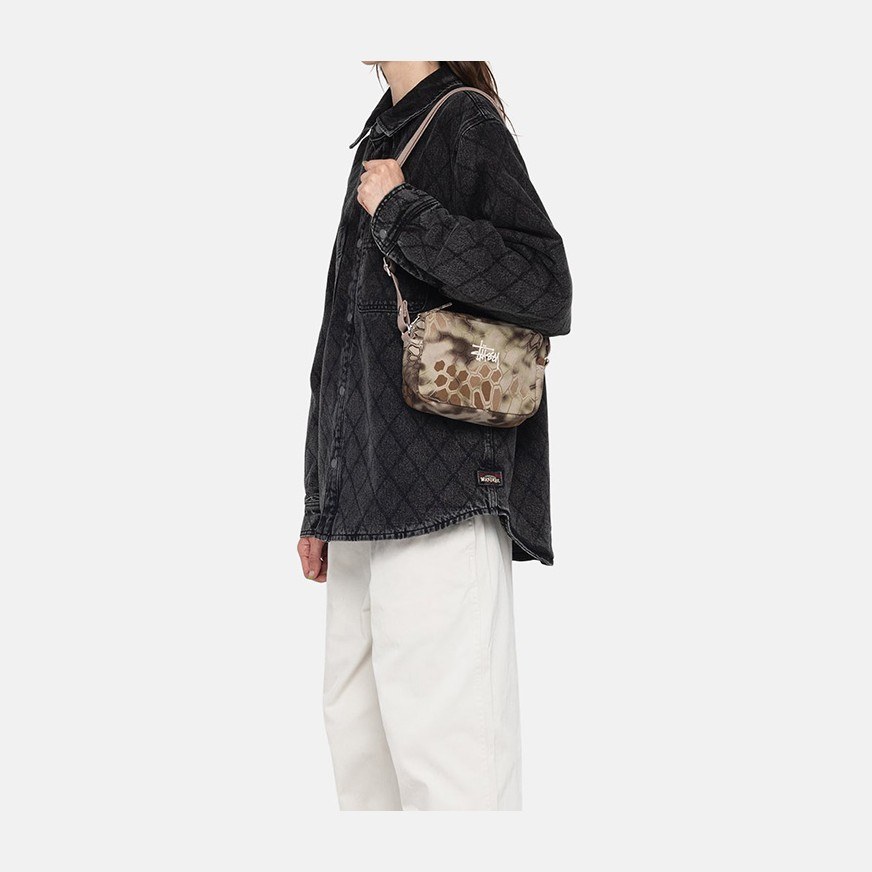 Stussy Logo Embroidered Zipper Shoulder Bag Brown Multicolor