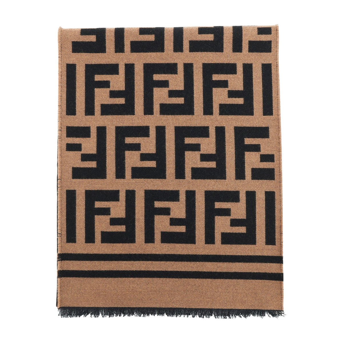 Fendi FF Pattern Wool Silk Scarf Brown