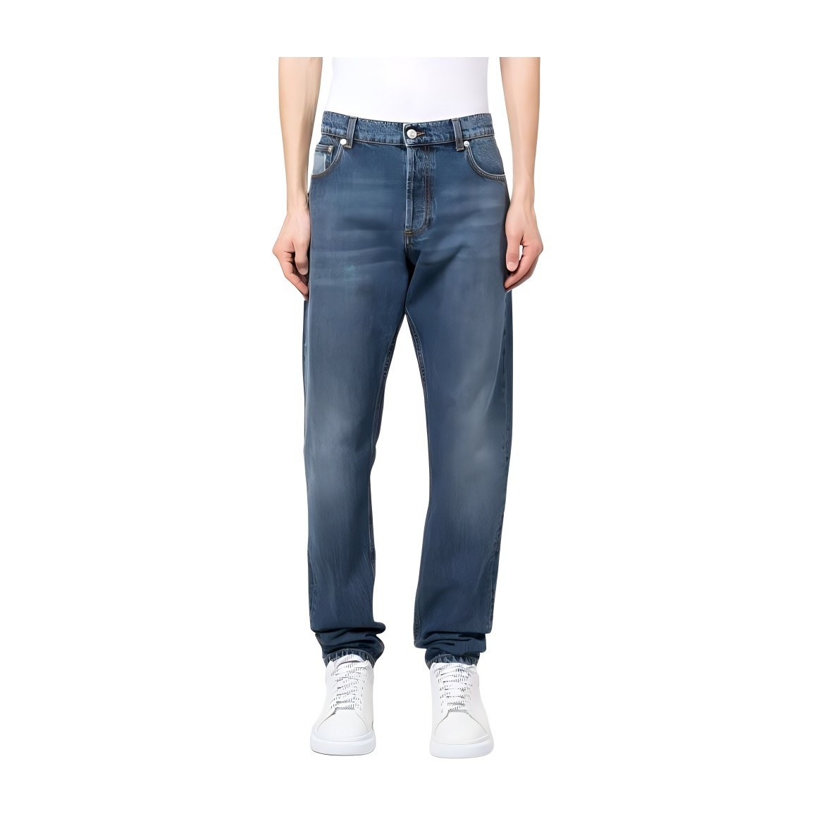 Alexander McQueen SS23 Distressed Patchwork Straight Jeans Blue