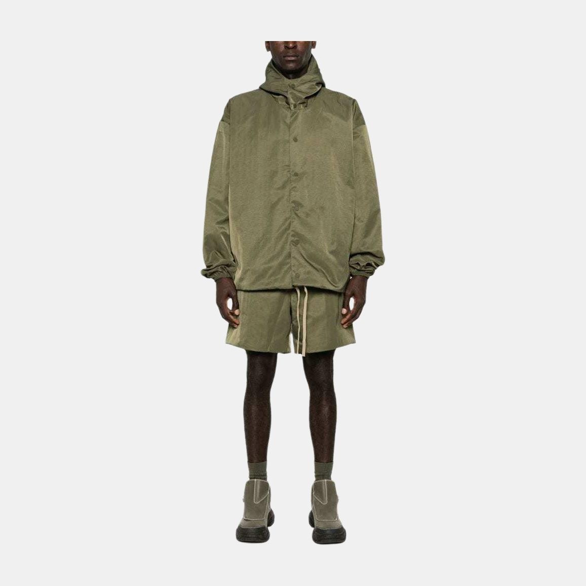 Fear of God Essentials Textured Nylon Hooded Coaches Jacket Military