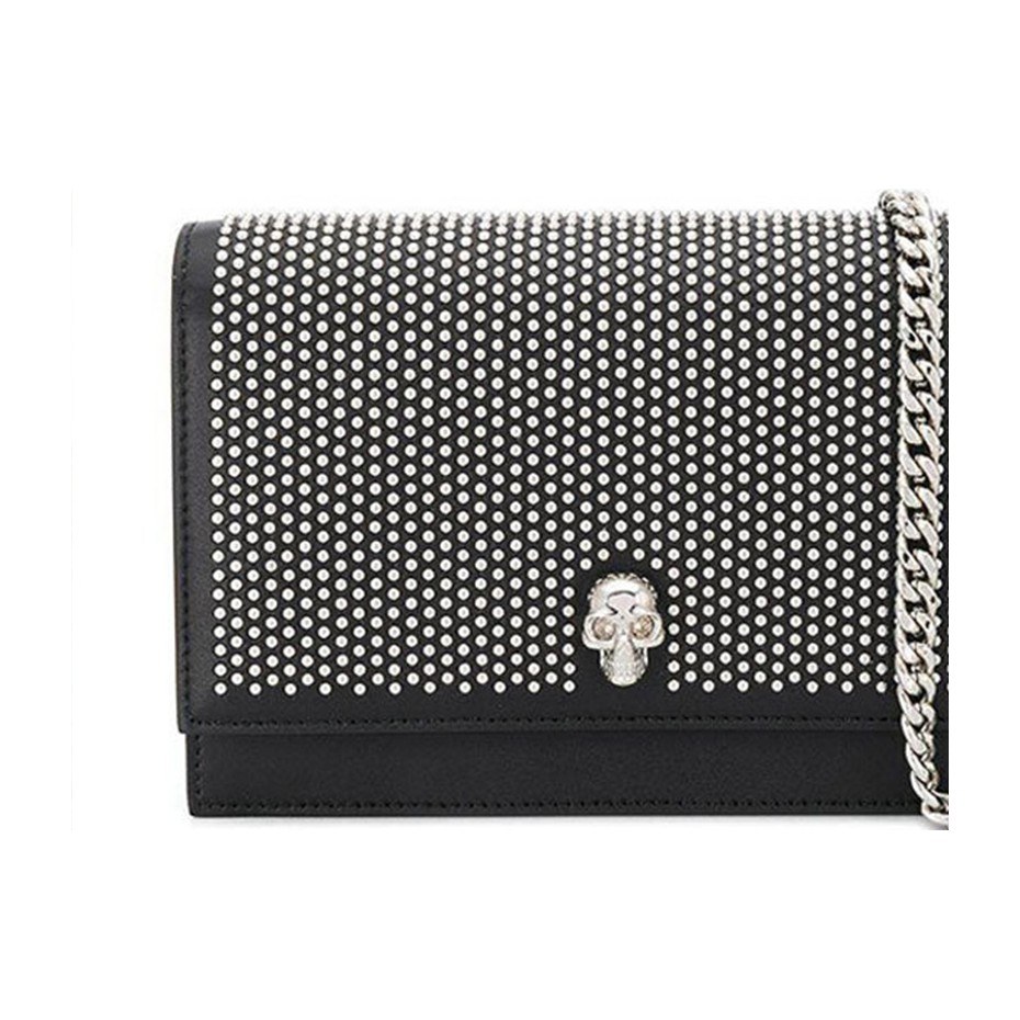 Alexander McQueen Silver Studded Skull Leather Shoulder Bag Black