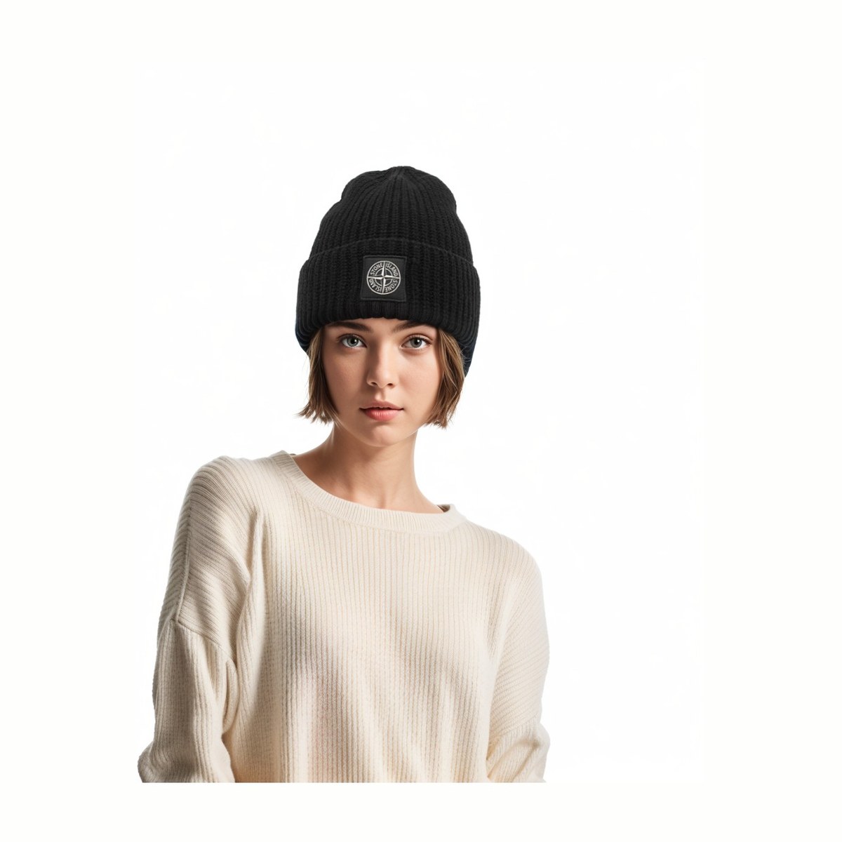 Stone Island Logo Knit Wool Beanie Black