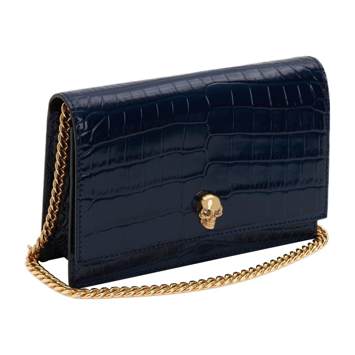 Alexander McQueen Chain Embossed Croc Shoulder Bag Navy