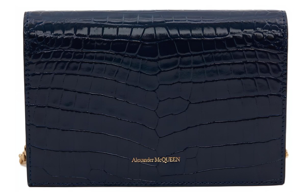 Alexander McQueen Chain Embossed Croc Shoulder Bag Navy