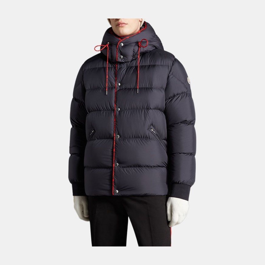 Moncler SS22 Jacquard Logo Hoodie Down Jacket Navy Blue