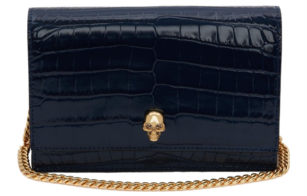Alexander McQueen Chain Embossed Croc Shoulder Bag Navy