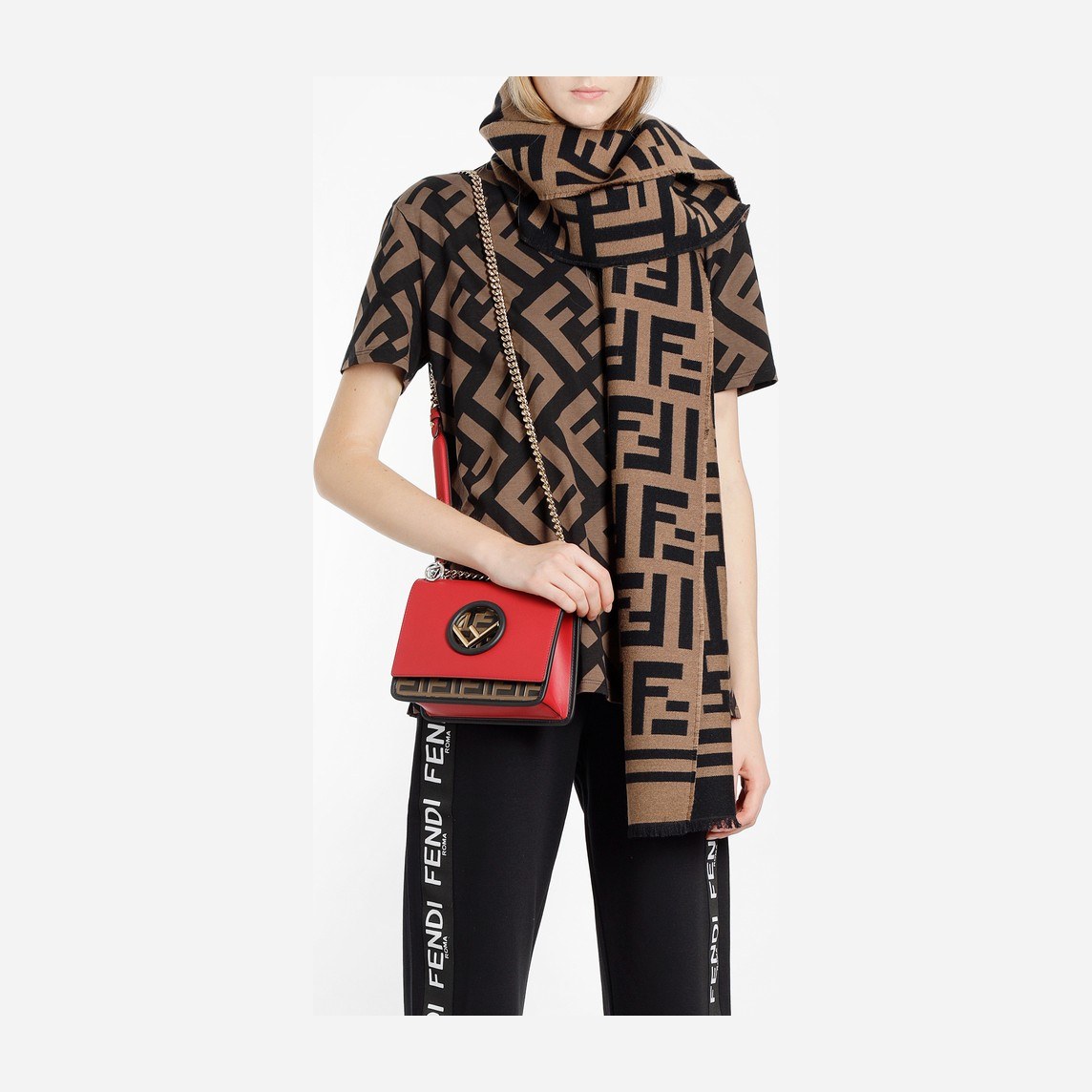 Fendi FF Pattern Wool Silk Scarf Brown