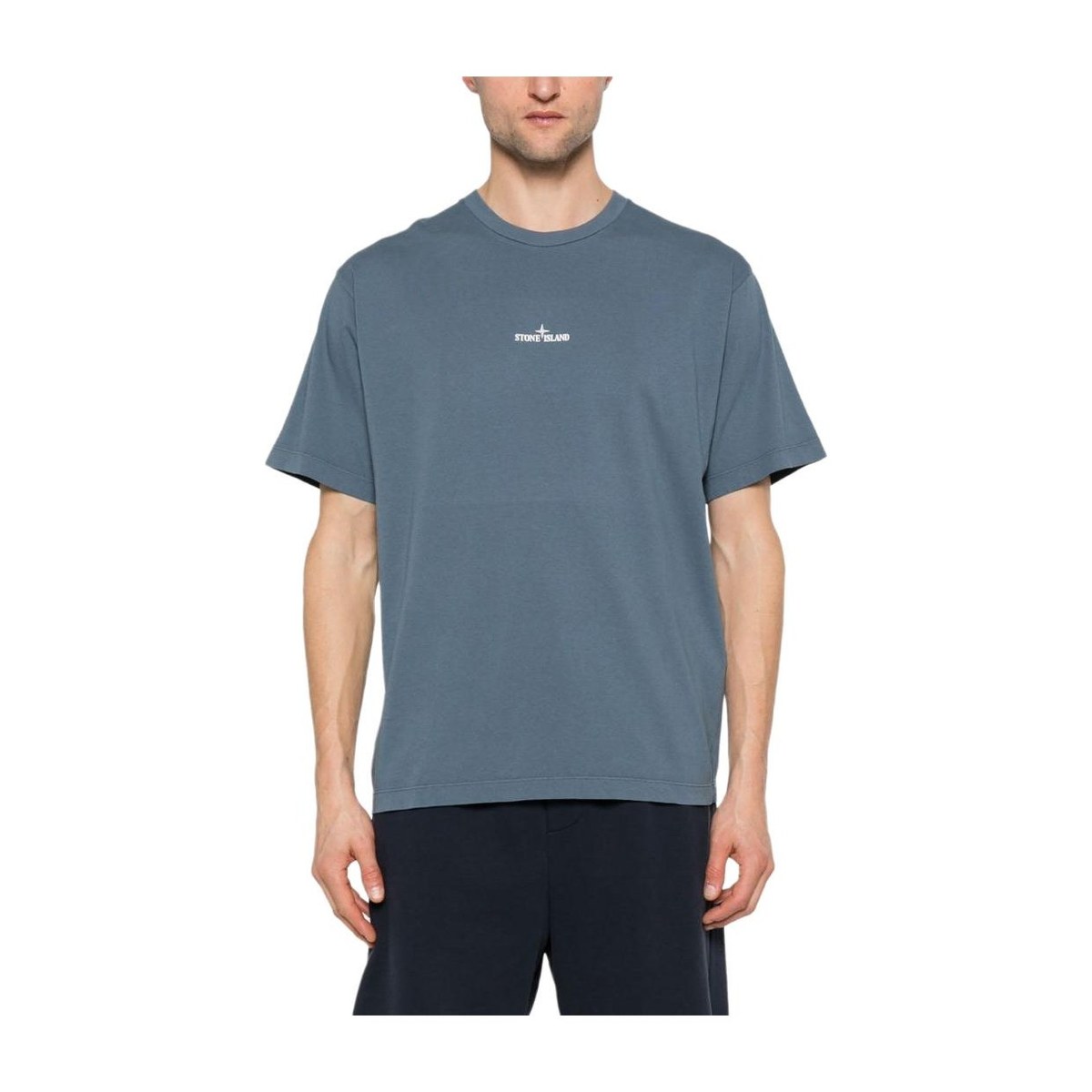 Stone Island Crew Neck Letter Print T-Shirt Navy