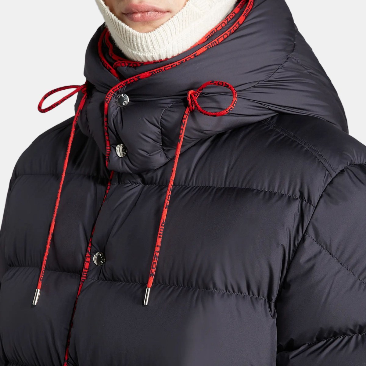 Moncler SS22 Jacquard Logo Hoodie Down Jacket Navy Blue