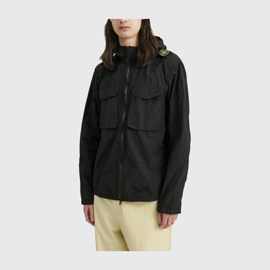 Stone Island SS21 Logo Print Hooded Jacket Black