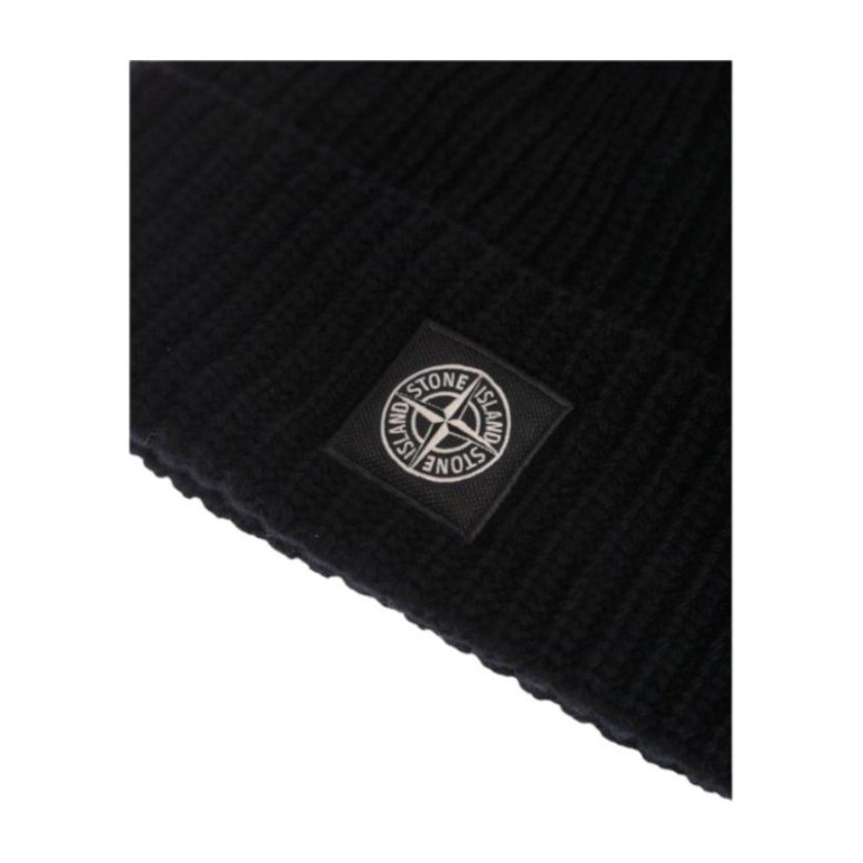 Stone Island Logo Knit Wool Beanie Black