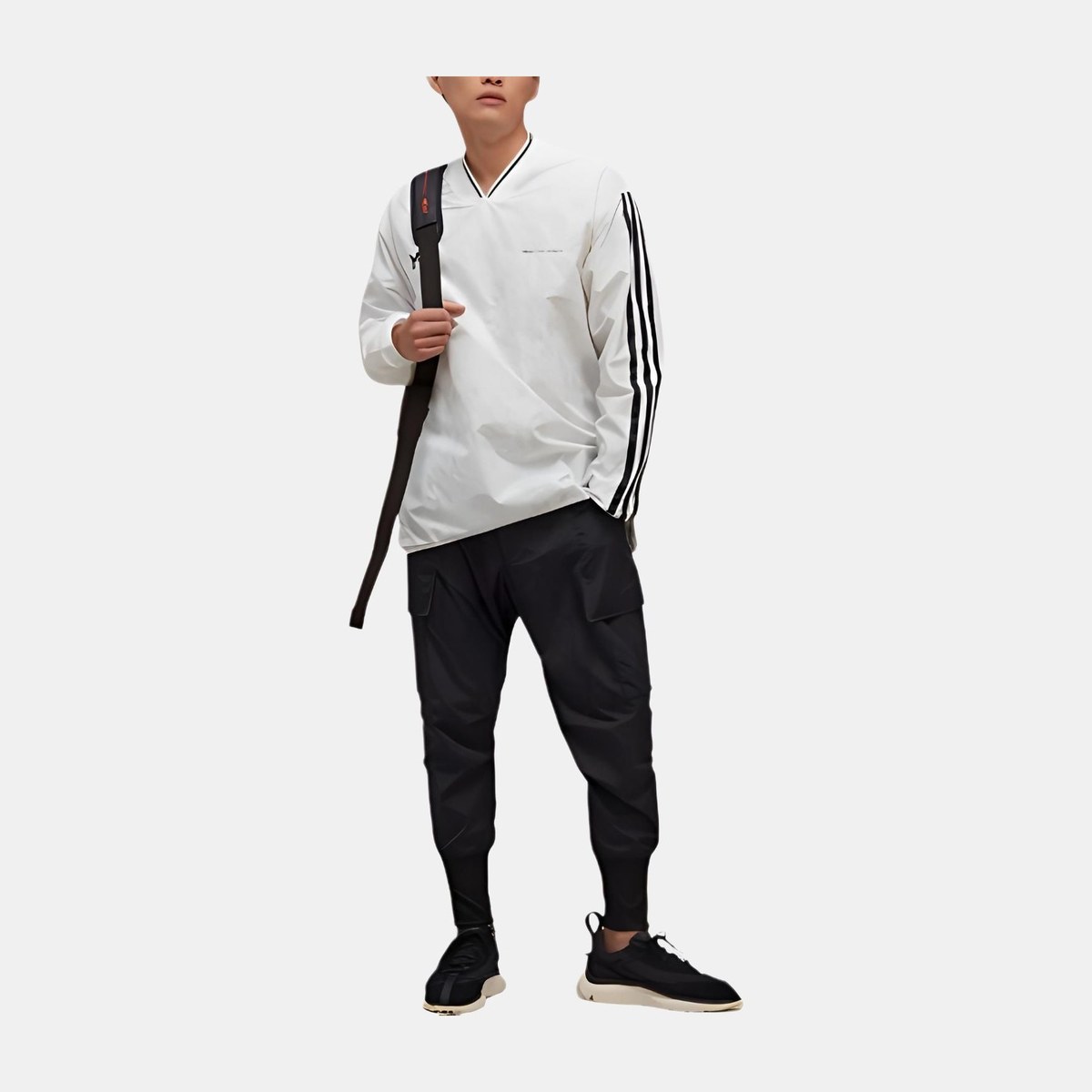 Y-3 V-Neck Striped Long Sleeve Tee White