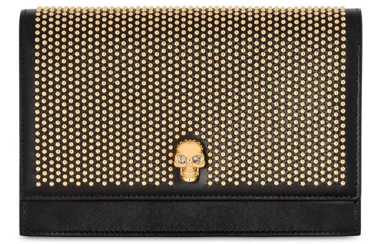 Alexander McQueen Gold Studded Skull Leather Shoulder Bag Black