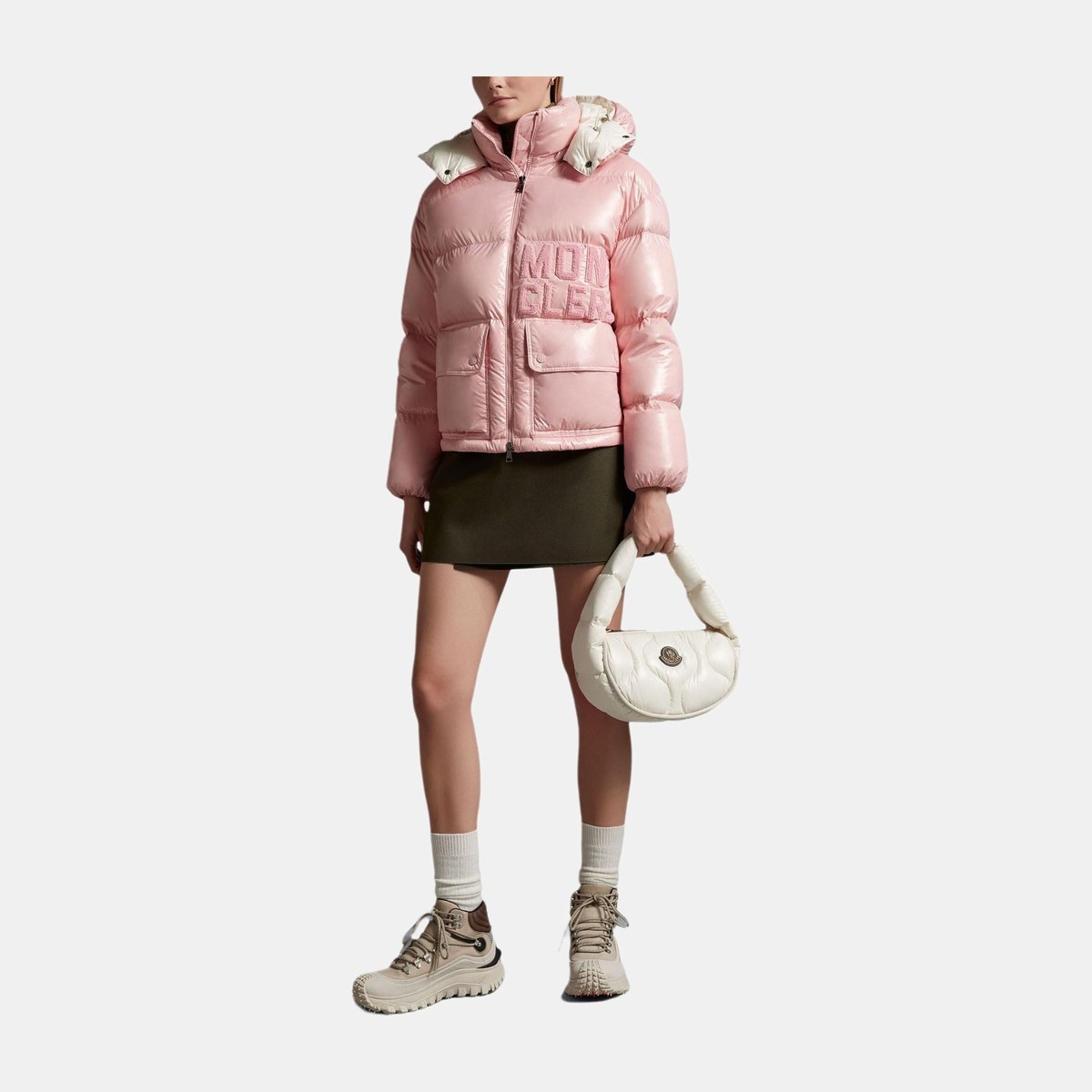 Moncler Logo Embroidered Hoodie Down Jacket Pink
