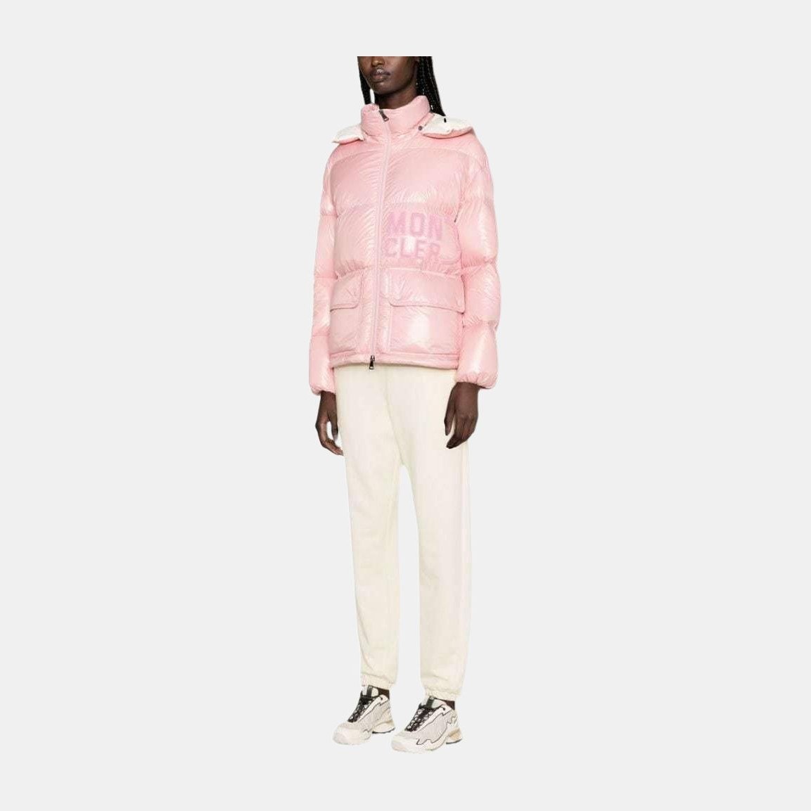 Moncler Logo Embroidered Hoodie Down Jacket Pink