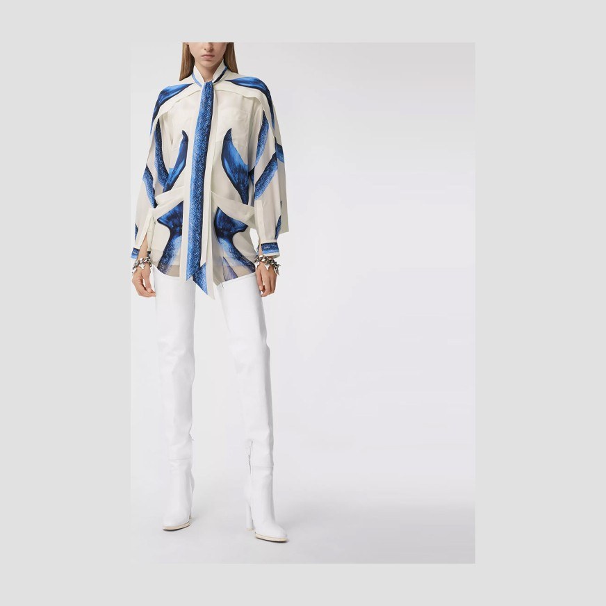Burberry SS21 Mermaid Print Chiffon Layered Silk Pants White