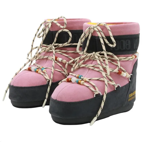 Moon Boot GIR Suede Lace-Up Short Snow Boot Gray Pink