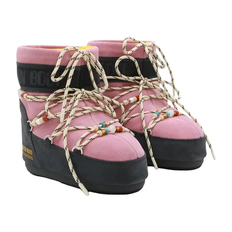 Moon Boot GIR Suede Lace-Up Short Snow Boot Gray Pink